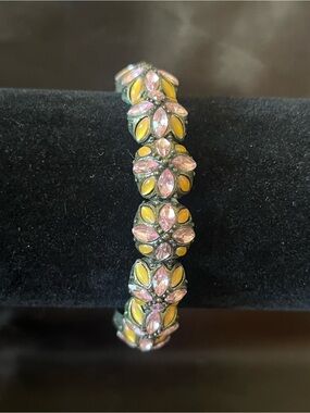 Signed Vintage AJC Rhinestone Floral Link Bracelet Pink Marquise Cut Rhinestone